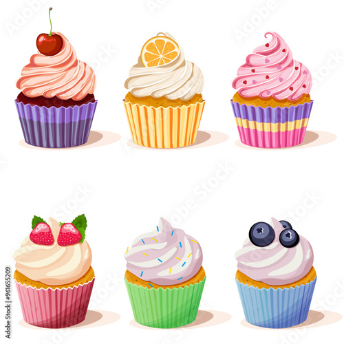 Set of cute vector muffins and cupcakes decorated with fruits and sprinkles. Vector illustration EPS10.