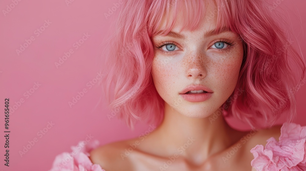 Naklejka premium Beautiful woman with pink hair and striking blue eyes, wearing a pink ruffled dress, posing gracefully against a bright pink backdrop, with a soft and alluring expression