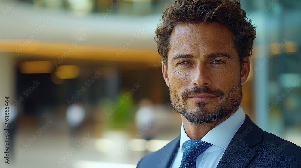 Professional man in tailored suit smiles confidently in a modern office building during daylight hours Professional man in tailored suit smiles confidently in a modern office building during daylight hours