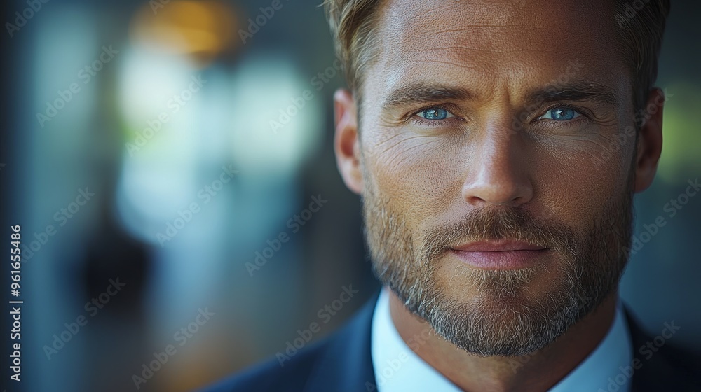 Confident businessman with striking blue eyes in a tailored suit posing indoors during daylight hours Confident businessman with striking blue eyes in a tailored suit posing indoors during daylight hours