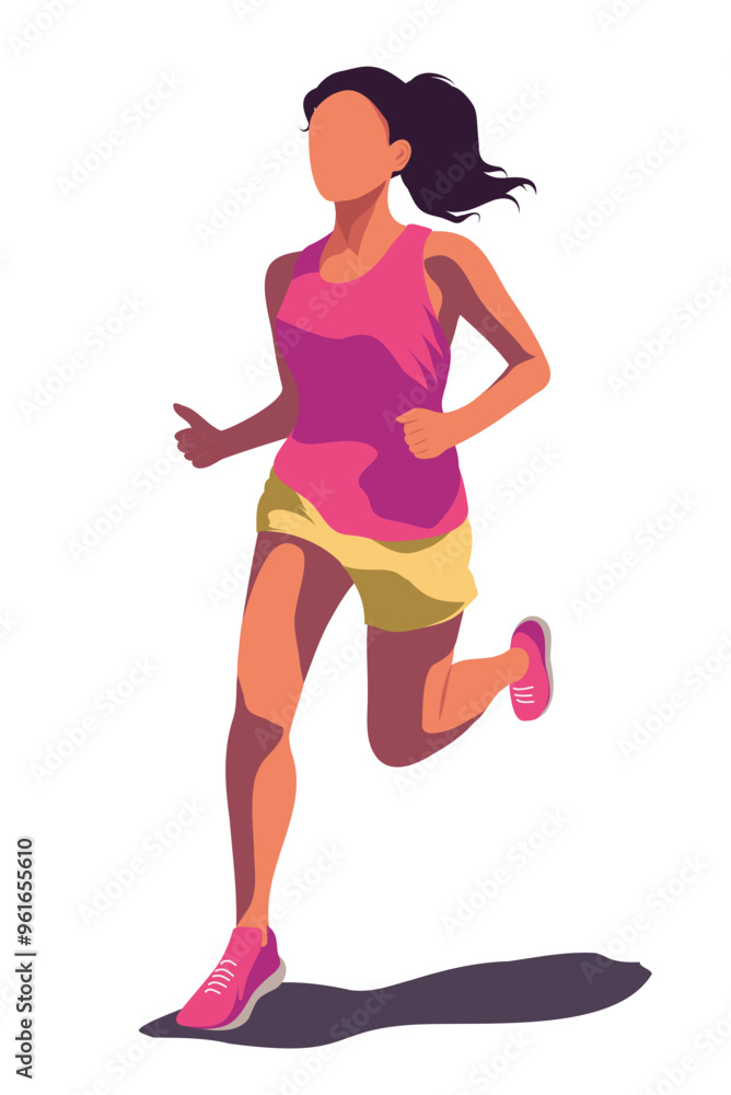 Woman no face doing sports, running in sportswear. Young woman running. Participation in sports races, sports competitions. Running on the street. Vector illustration isolated on white background Woman no face doing sports, running in sportswear. Young woman running. Participation in sports races, sports competitions. Running on the street. Vector illustration isolated on white background