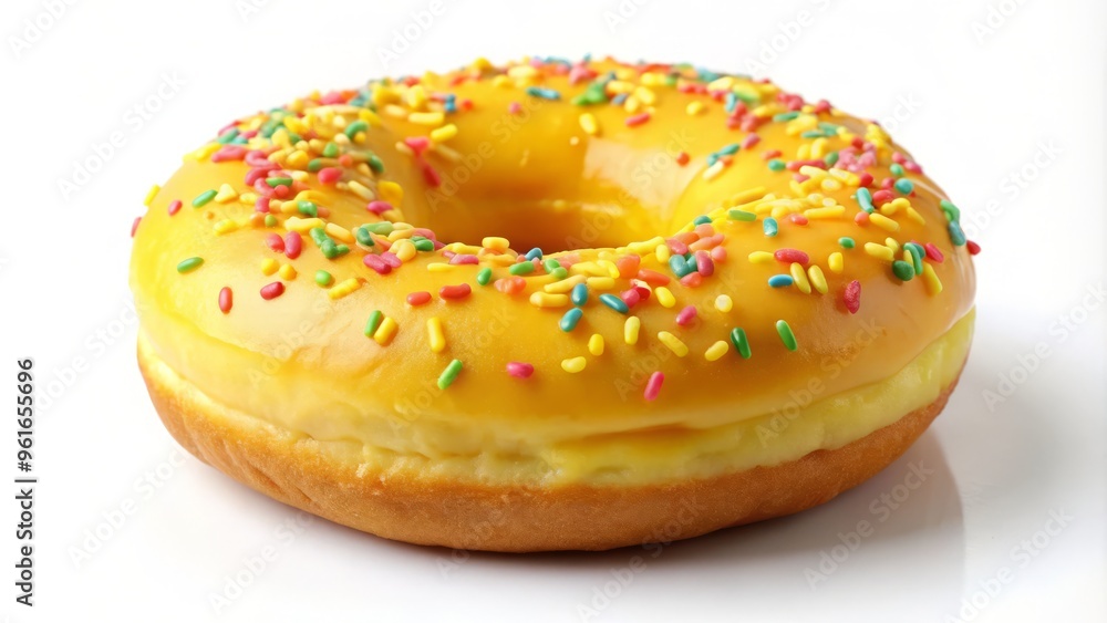 A bright yellow donut, covered in ridges and adorned with a playful sprinkles, rests against a pure white A bright yellow donut, covered in ridges and adorned with a playful sprinkles, rests against a pure white