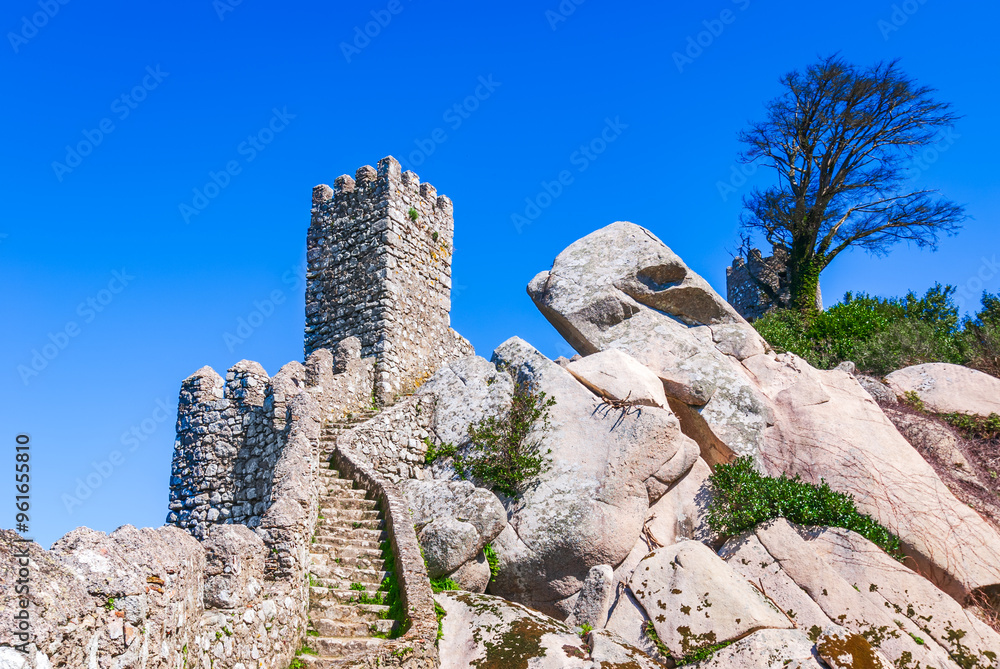 Sintra, Portugal. Aerial top view of Castelo dos Mouros, world heritage place next to Lisbon.