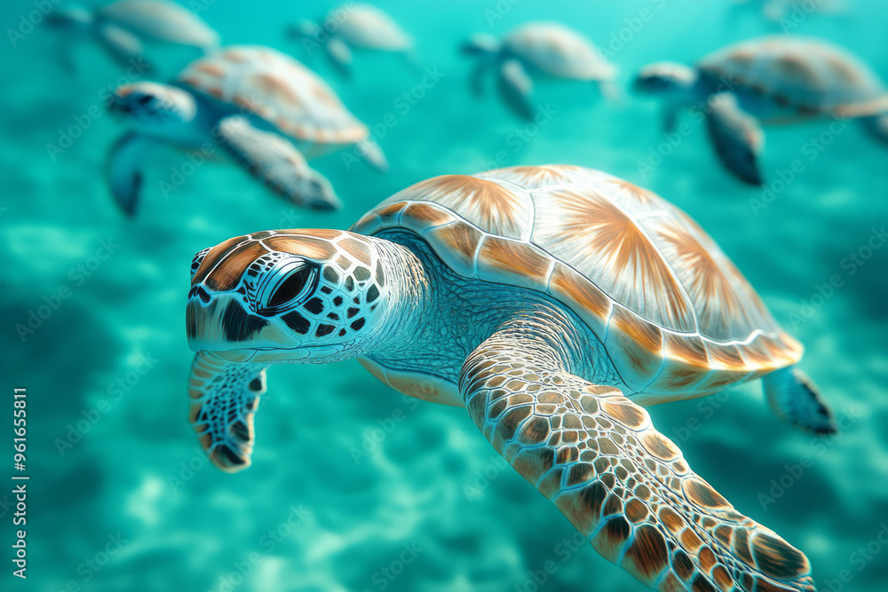 Obraz premium A composition of overlapping sea turtle shapes in soft greens, blues, and browns,