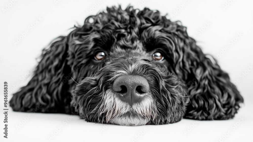 A close-up of a black, curly-haired dog resting its head on a surface. A close-up of a black, curly-haired dog resting its head on a surface.
