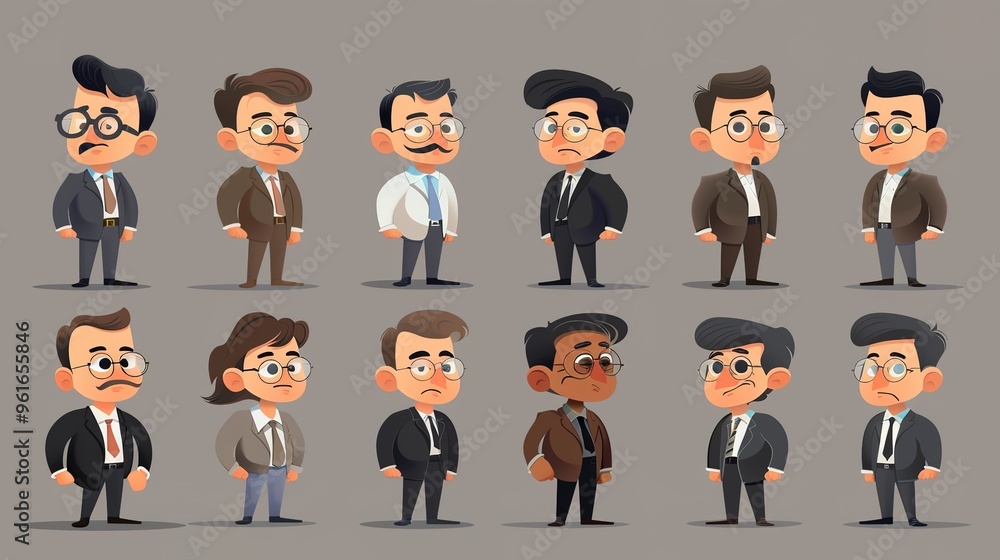 Cartoon business white - collar worker characters are busy in the office. They are wearing formal suits and ties, with briefcases in their hands. They are discussing work matters, showing professional Cartoon business white - collar worker characters are busy in the office. They are wearing formal suits and ties, with briefcases in their hands. They are discussing work matters, showing professional