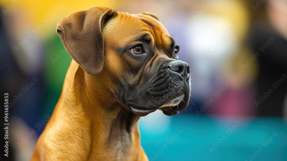A close-up of a Boxer dog with a focused expression in a lively setting. A close-up of a Boxer dog with a focused expression in a lively setting.