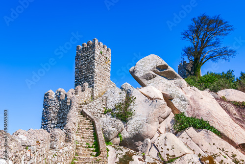 Obraz na płótnie Sintra, Portugal. Aerial top view of Castelo dos Mouros, world heritage place next to Lisbon. w salonie