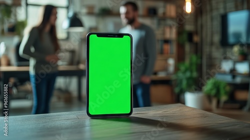 Smartphone with Green Screen on Table in Cozy Living Room 