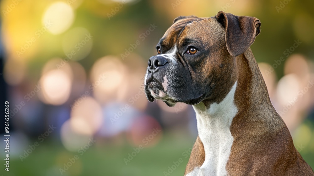Fototapeta premium A close-up of a boxer dog with a soft background, showcasing its expressive features.