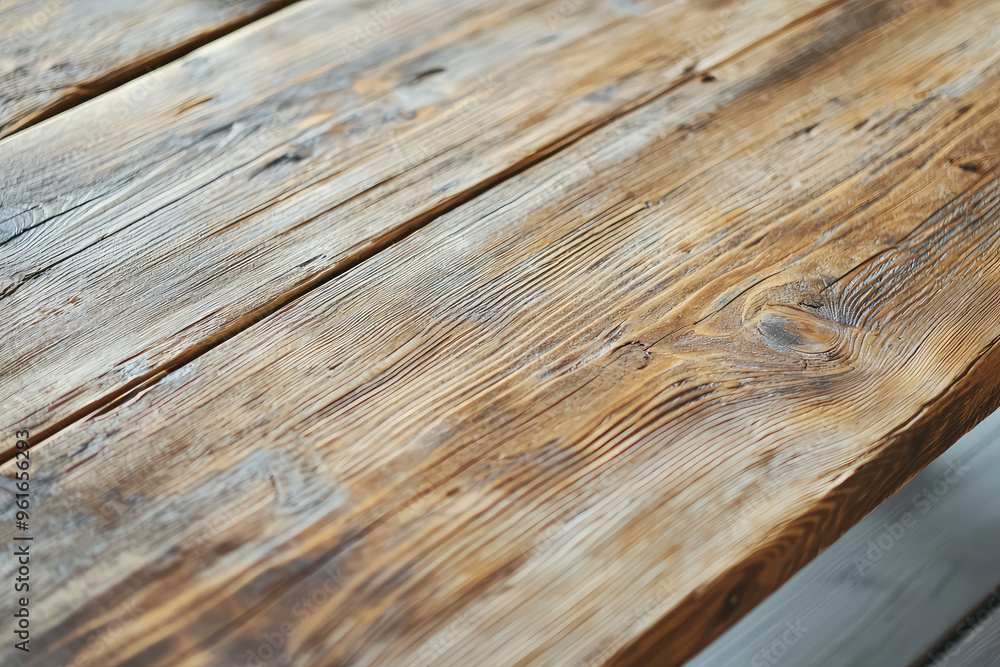 Fototapeta premium Close-up of a Rustic Wooden Tabletop, Revealing the Intricate Grain and Texture of Time-worn Wood.