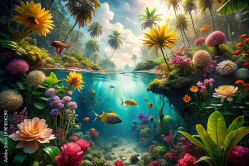Dreamy tropical paradise submergence aquatic botanicals colors bursting