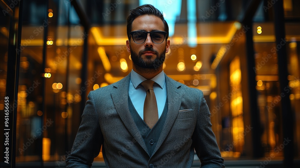Confident businessman in a tailored suit stands in a modern urban setting showcasing professional style and elegance at twilight Confident businessman in a tailored suit stands in a modern urban setting showcasing professional style and elegance at twilight