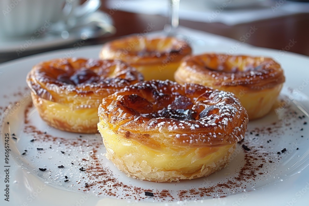 Portugal: Pastel de Nata Small, round custard tarts with a caramelized top, served on a white plate with a sprinkle of cinnamon and powdered sugar Portugal: Pastel de Nata Small, round custard tarts with a caramelized top, served on a white plate with a sprinkle of cinnamon and powdered sugar