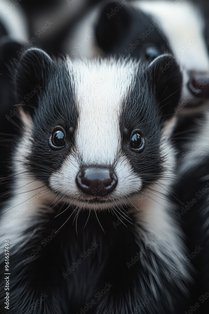 Fototapeta premium A composition of overlapping skunk shapes in soft blacks, whites, and grays,
