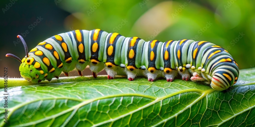 A close-up shot captures the caterpillar's mesmerizing green hue with snowy white stripes, its tiny legs crawling along A close-up shot captures the caterpillar's mesmerizing green hue with snowy white stripes, its tiny legs crawling along
