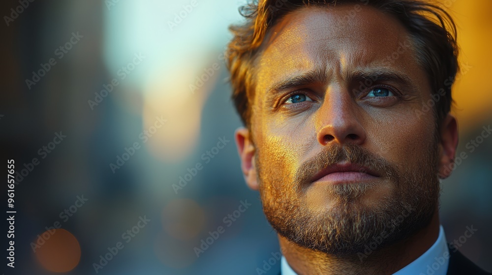 A thoughtful man with blue eyes gazes into the distance on a city street during sunset, showcasing deep contemplation and urban atmosphere A thoughtful man with blue eyes gazes into the distance on a city street during sunset, showcasing deep contemplation and urban atmosphere