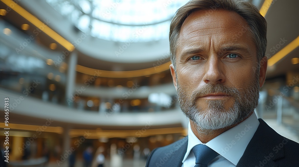 A professional man with a beard stands confidently in a modern office atrium during daylight hours A professional man with a beard stands confidently in a modern office atrium during daylight hours