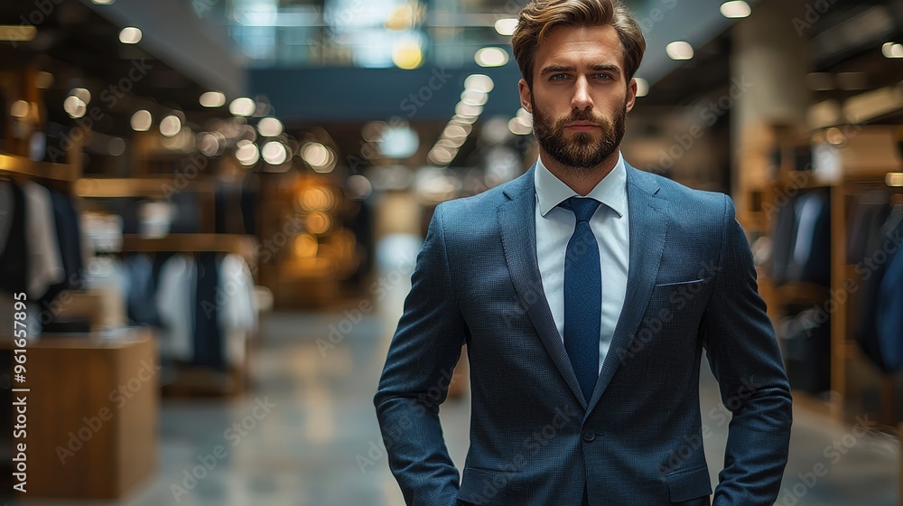 Fototapeta premium Smartly dressed man poses confidently in a modern clothing store during daytime, showcasing stylish fashion choices and elegant attire