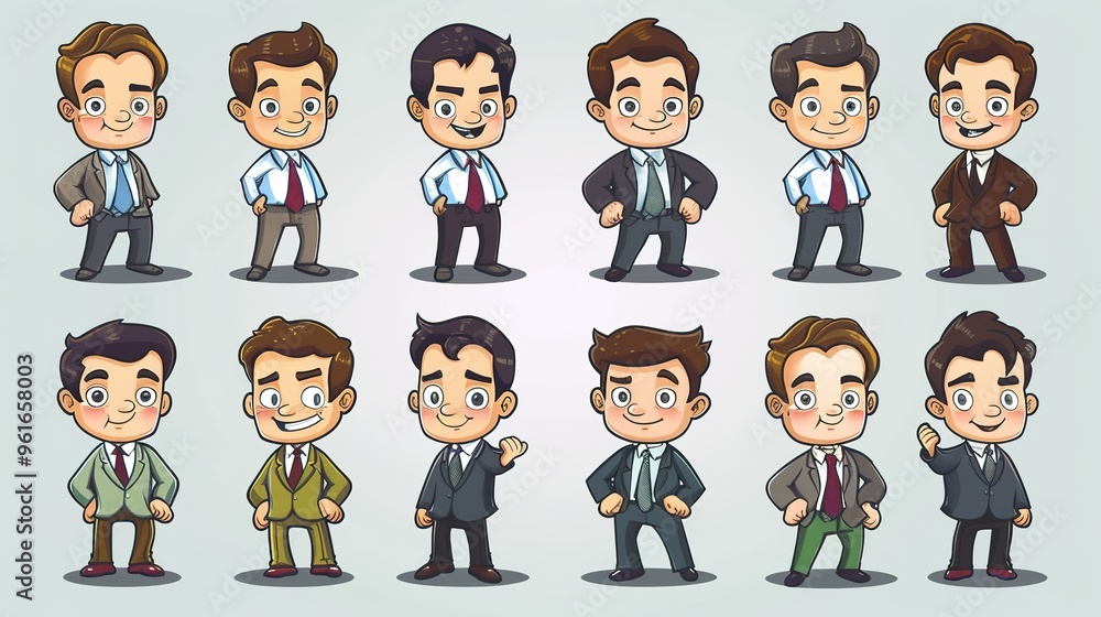Cartoon business white - collar worker characters are busy in the office. They are wearing formal suits and ties, with briefcases in their hands. They are discussing work matters, showing professional