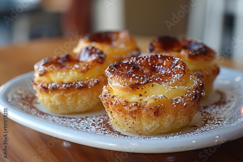 Portugal: Pastel de Nata Small, round custard tarts with a caramelized top, served on a white plate with a sprinkle of cinnamon and powdered sugar