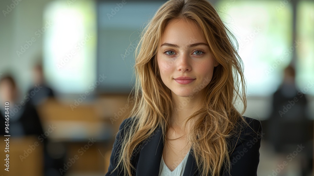 A young woman with long hair smiles confidently while sitting in a classroom setting during a sunny afternoon A young woman with long hair smiles confidently while sitting in a classroom setting during a sunny afternoon