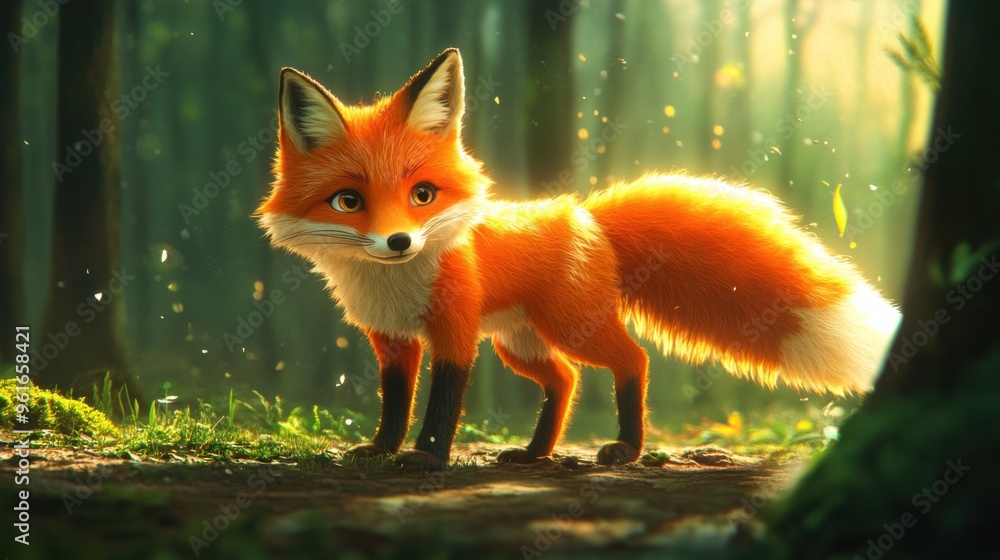 Obraz premium A cute, fluffy fox with bright orange fur and a bushy tail, standing in a peaceful forest clearing, gazing curiously with big, playful eyes