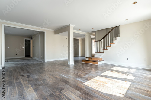 A Glimpse of Home: Unfinished Hardwood Floors and a Staircase Leading Upwards