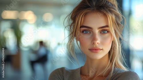 Wallpaper Mural Young woman with striking blue eyes poses confidently indoors in a bright, modern workspace during daylight hours Torontodigital.ca