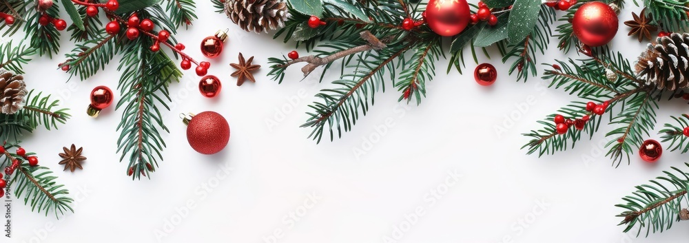 Pine cones and red decorations with fir branches on a white background. Decoration frame for a banner or greeting card. Flat lay top view. Pine cones and red decorations with fir branches on a white background. Decoration frame for a banner or greeting card. Flat lay top view.