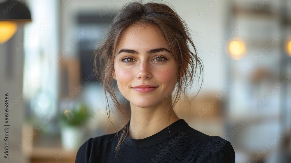 A young woman smiling confidently indoors at a cozy cafe with soft lighting in the morning A young woman smiling confidently indoors at a cozy cafe with soft lighting in the morning