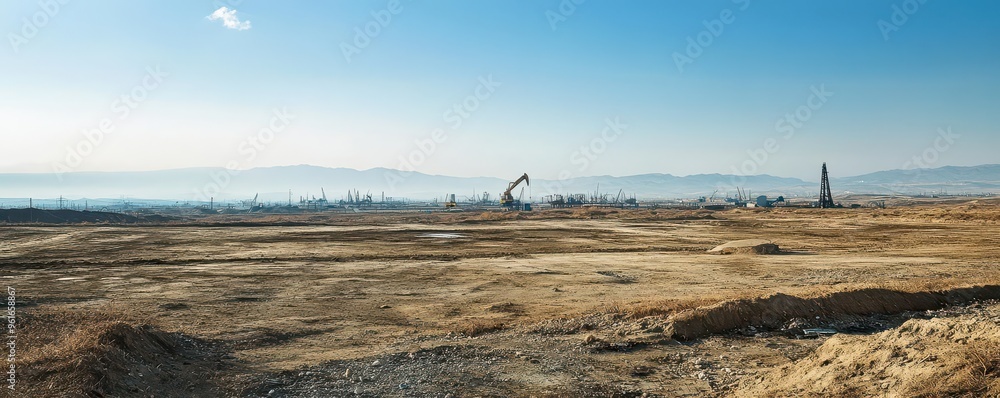 A barren landscape where oncelush forests have turned into deserts due to oil drilling, with abandoned rigs scattered across the horizon A barren landscape where oncelush forests have turned into deserts due to oil drilling, with abandoned rigs scattered across the horizon
