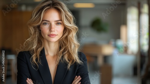 Wallpaper Mural Confident young professional woman with wavy hair poses in a modern office setting during daylight hours Torontodigital.ca