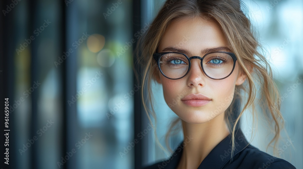 Confident young woman with glasses poses indoors, showcasing a natural beauty and modern style in a contemporary setting Confident young woman with glasses poses indoors, showcasing a natural beauty and modern style in a contemporary setting