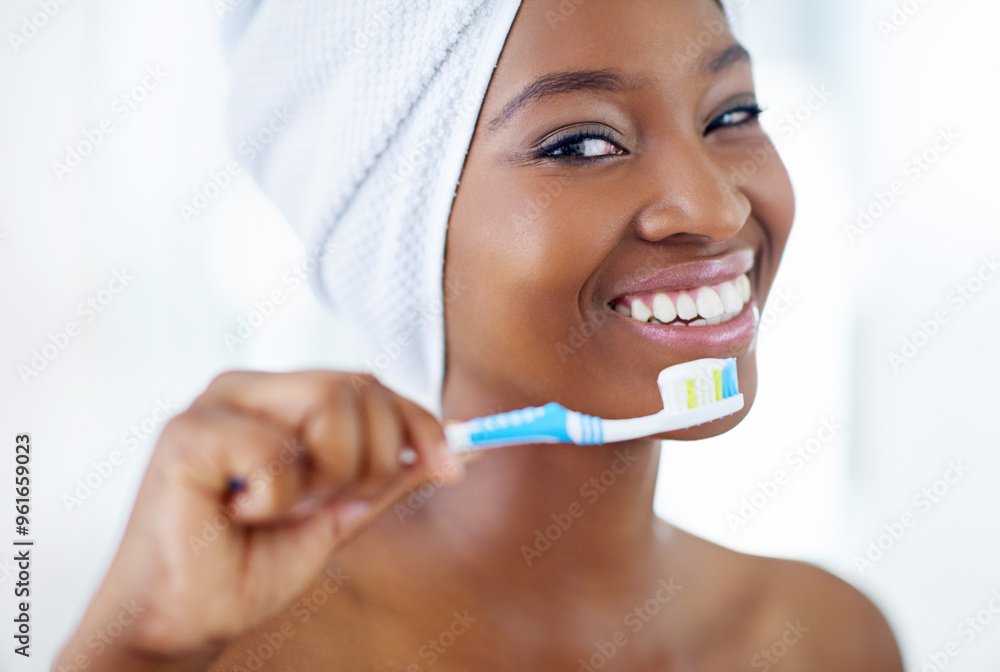 Dental hygiene, portrait and black woman with toothbrush in bathroom for fresh breath routine. Happy, oral care and African person cleaning teeth for cavity, plaque and gum disease prevention at home Dental hygiene, portrait and black woman with toothbrush in bathroom for fresh breath routine. Happy, oral care and African person cleaning teeth for cavity, plaque and gum disease prevention at home