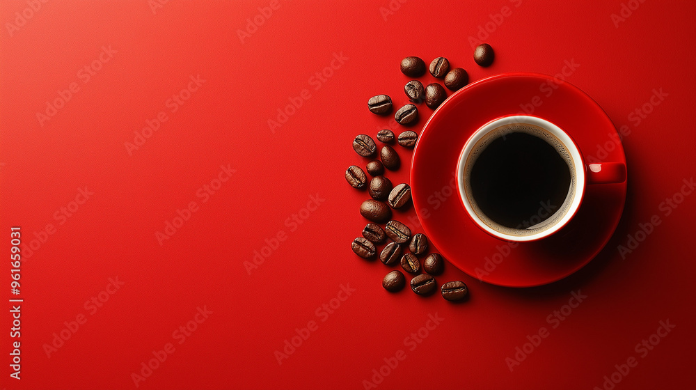 Mug of coffee set in a red plate with coffee beans isolated in a red background. Mug of coffee set in a red plate with coffee beans isolated in a red background.