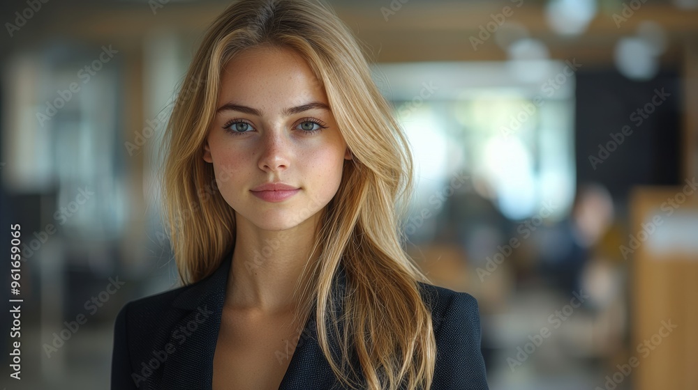 Young professional woman in a blazer smiling confidently inside a modern office during daytime hours Young professional woman in a blazer smiling confidently inside a modern office during daytime hours