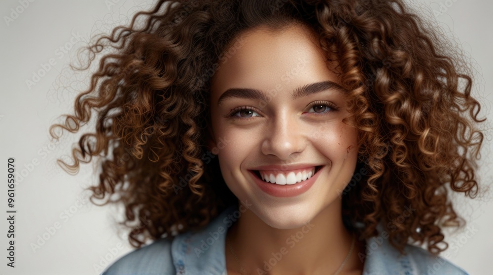 A smiling woman with curly hair wearing street-style clothing isolated on a white background A smiling woman with curly hair wearing street-style clothing isolated on a white background