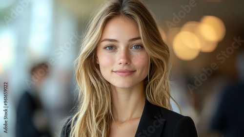 Young woman with long blonde hair smiles confidently while standing indoors in a stylish outfit during a social gathering