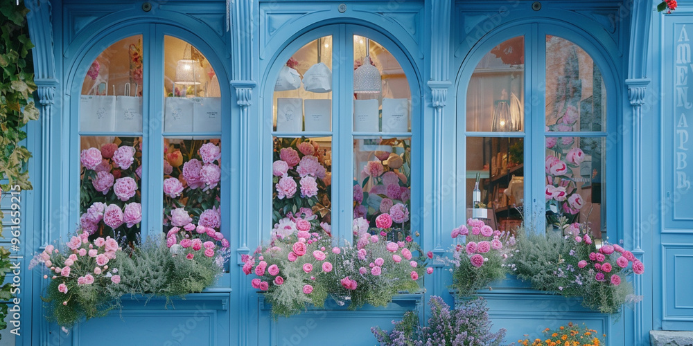 Fototapeta premium Row-Of-Arched-Windows-With-Flower-Boxes-Containing-Pink-Flowers-On-Blue-Building-With-Ornate-Woodwork