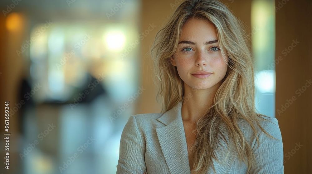 Young woman with long blonde hair wearing a tailored blazer stands confidently indoors at a modern office setting Young woman with long blonde hair wearing a tailored blazer stands confidently indoors at a modern office setting