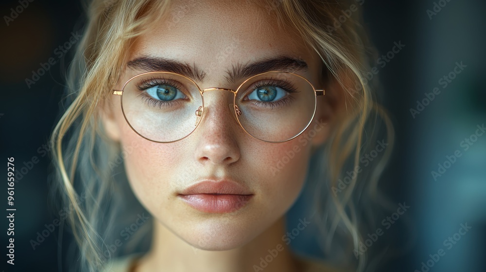 Young woman with striking blue eyes and glasses poses softly for a close-up portrait in a serene indoor setting during the afternoon Young woman with striking blue eyes and glasses poses softly for a close-up portrait in a serene indoor setting during the afternoon