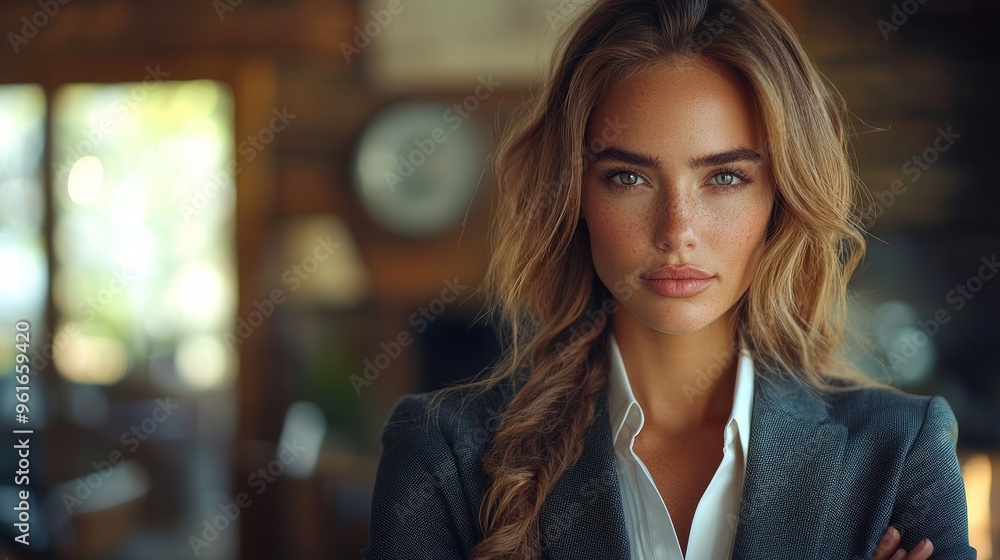 Confident young woman in a blazer poses in a cozy cabin living room with warm lighting during the late afternoon Confident young woman in a blazer poses in a cozy cabin living room with warm lighting during the late afternoon