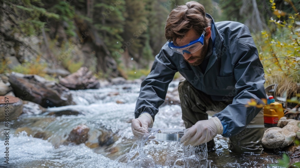 Scientist collecting water samples from mountain stream for research Scientist collecting water samples from mountain stream for research