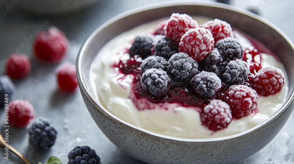 A bowl of creamy Greek yogurt topped with sweet jam and juicy frozen berries sits on a kitchen table. A bowl of creamy Greek yogurt topped with sweet jam and juicy frozen berries sits on a kitchen table.