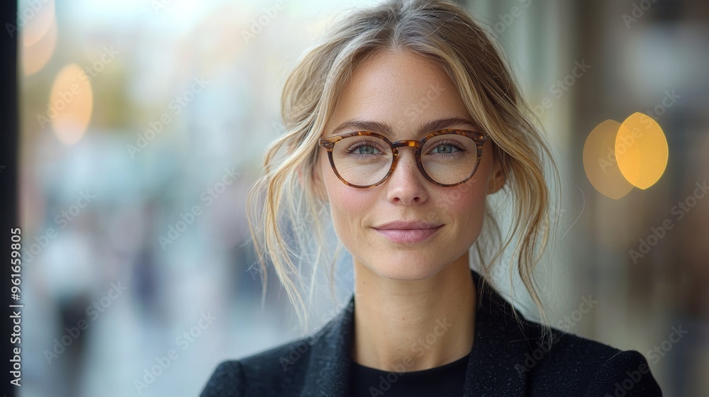 A confident woman wearing glasses smiles warmly while standing in a bustling urban setting during the late afternoon A confident woman wearing glasses smiles warmly while standing in a bustling urban setting during the late afternoon