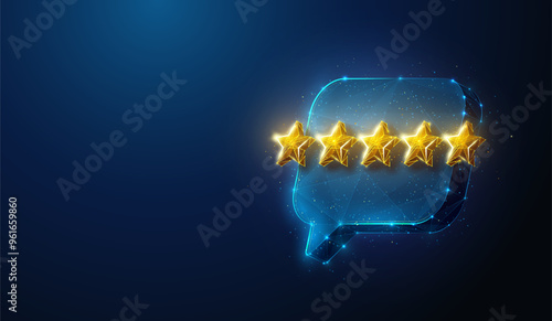 Abstract illustration of five gold stars review floating over chat bubble in low poly style. Blue geometric background depicting customer feedback concept by wireframe connection structure