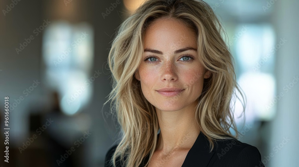 A woman with flowing blonde hair smiles softly in a modern office environment during daylight hours A woman with flowing blonde hair smiles softly in a modern office environment during daylight hours