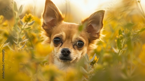  A tight shot of a small sad-faced dog in a flower-filled meadow gazing at the camera