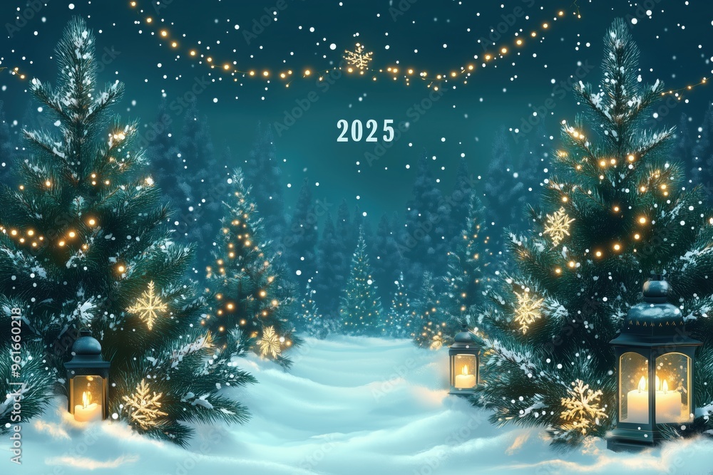 Snowy path at night leading to 2025 through a forest of christmas trees decorated with glowing lights, snowflakes falling softly, creating a magical holiday atmosphere Snowy path at night leading to 2025 through a forest of christmas trees decorated with glowing lights, snowflakes falling softly, creating a magical holiday atmosphere